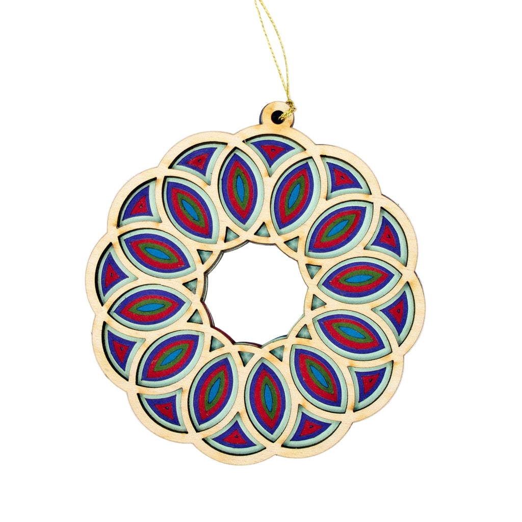 Decorative wreath ornament with colorful pattern on a white background