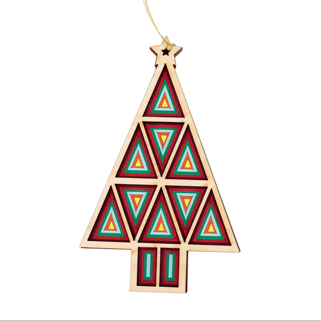 Decorative Christmas tree ornament with geometric pattern on a white background